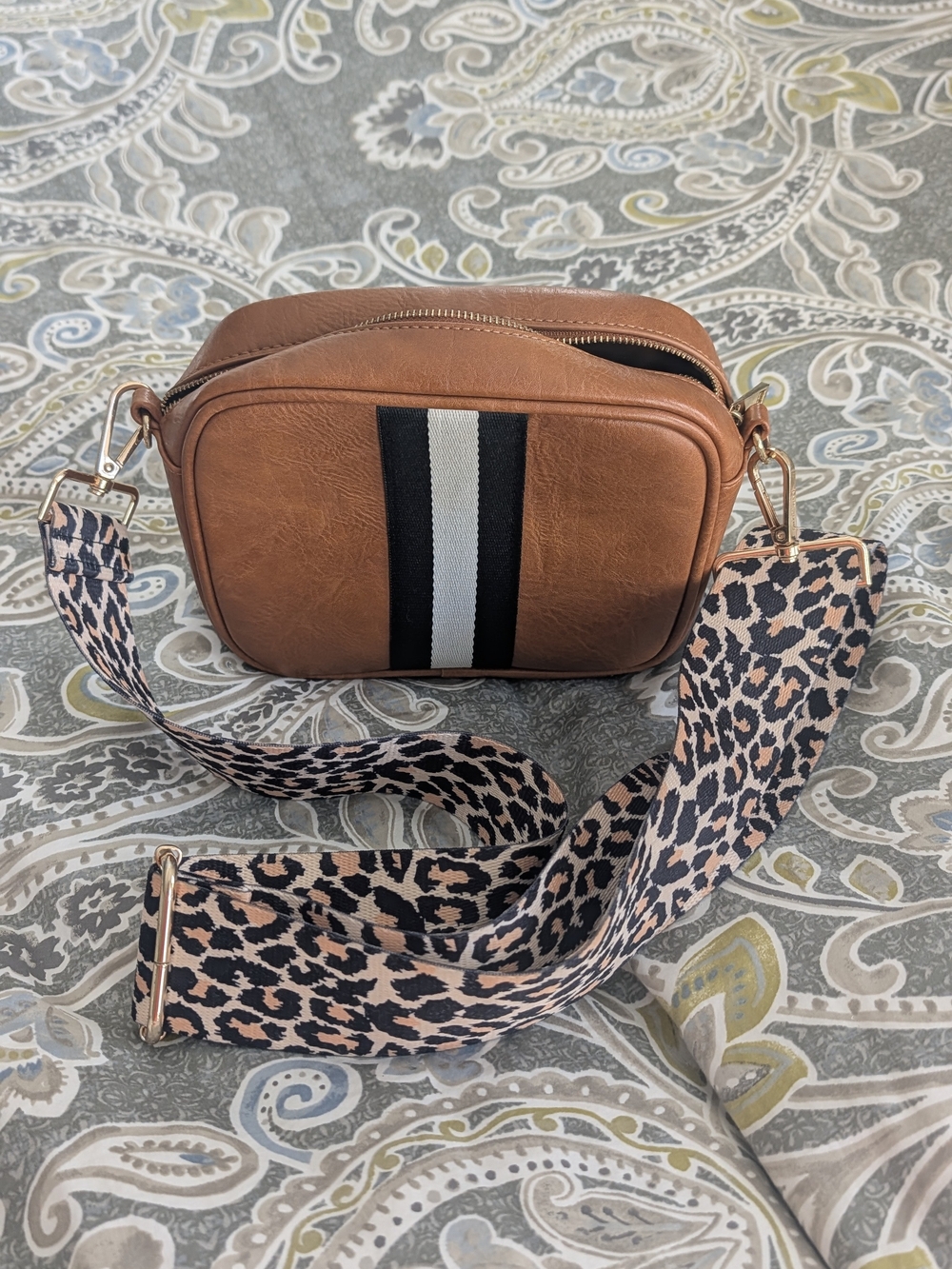 Social Threads Brown Crossbody Bag with Striped Accent